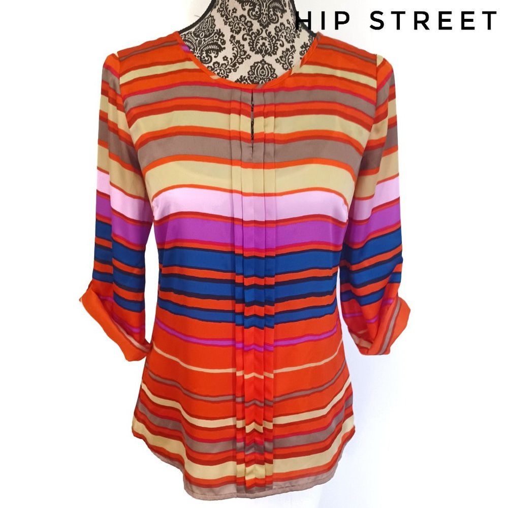 THE LIMITED Multi Color Stripe Pleat Front Roll Tab Sleeve Blouse S